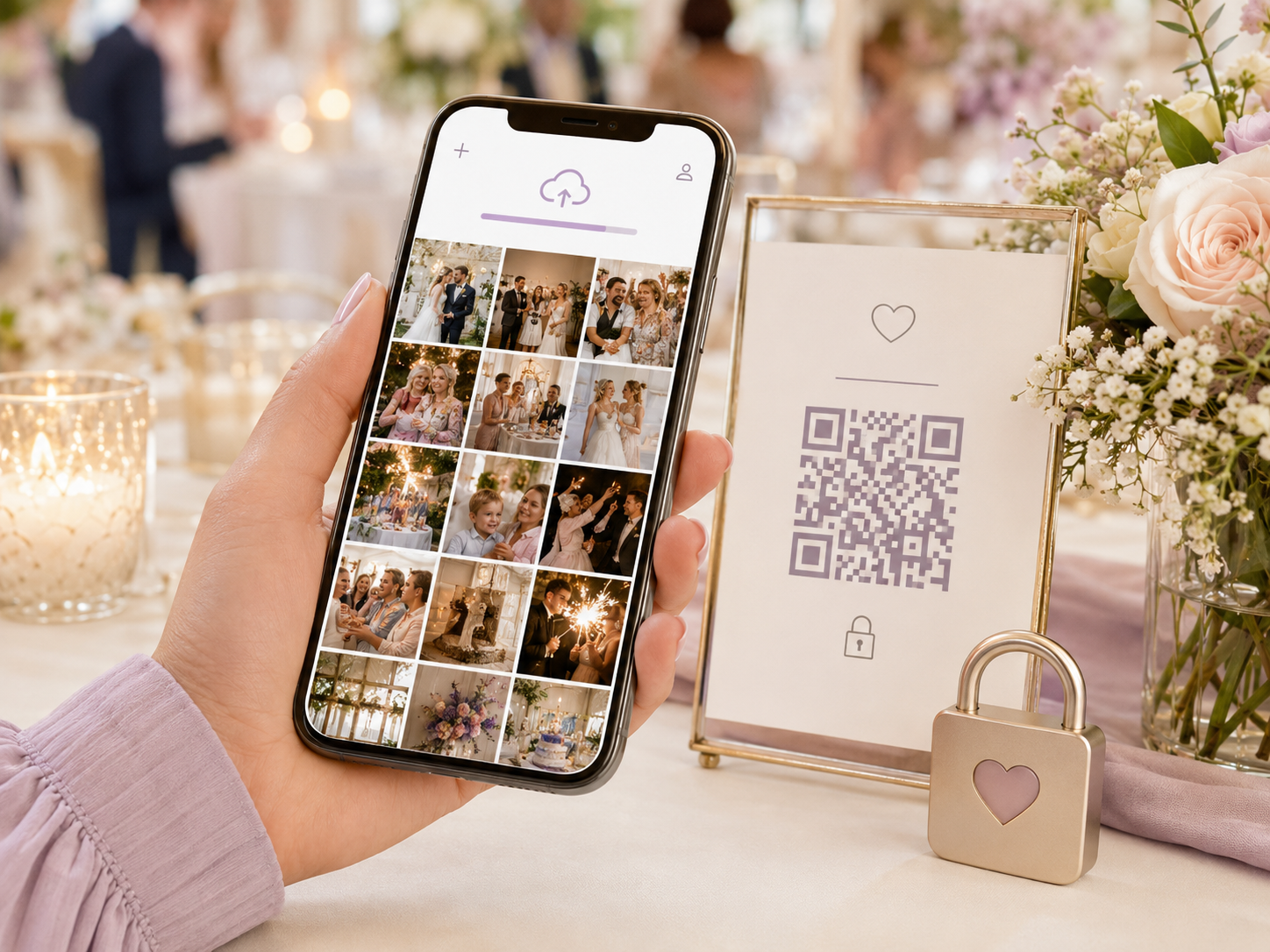Smartphone mit privater Eventgalerie, persönlichem QR-Code und geschütztem Foto-Upload